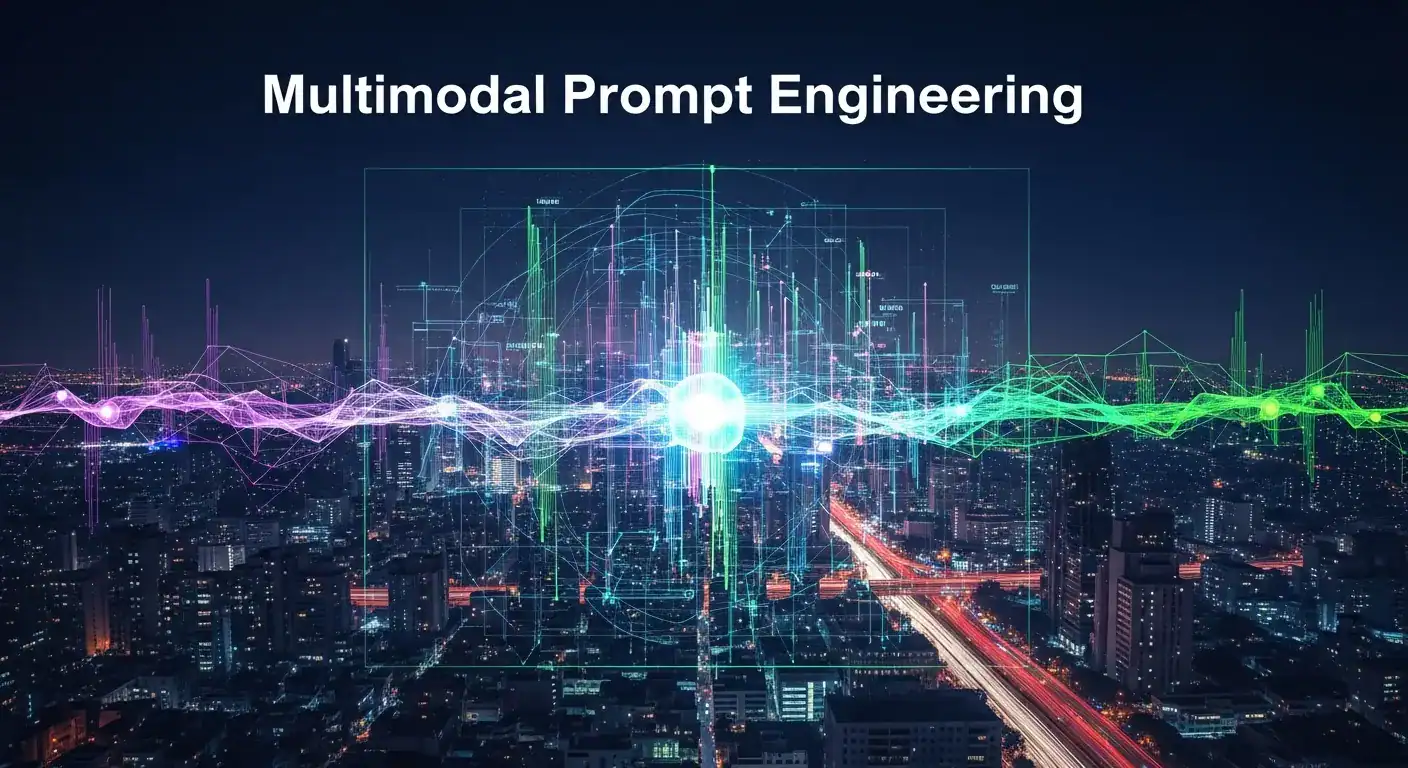 Multimodal prompt engineering data visualization of city with digital network overlay.